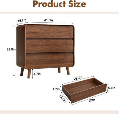 3 Drawer Dressers for Bedroom, Mid Century Modern Chests of Drawers, Curved Dresser with Storage Drawer, Wooden Bedroom Furniture Drawer for Closet, Home Office, Walnut
