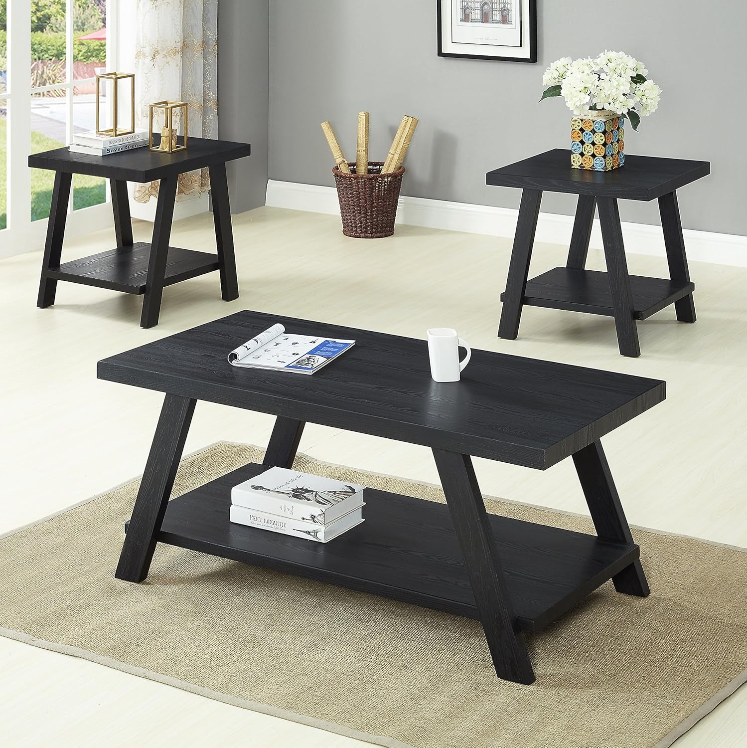 Athens Contemporary 3-Piece Wood Shelf Coffee Table Set , Black