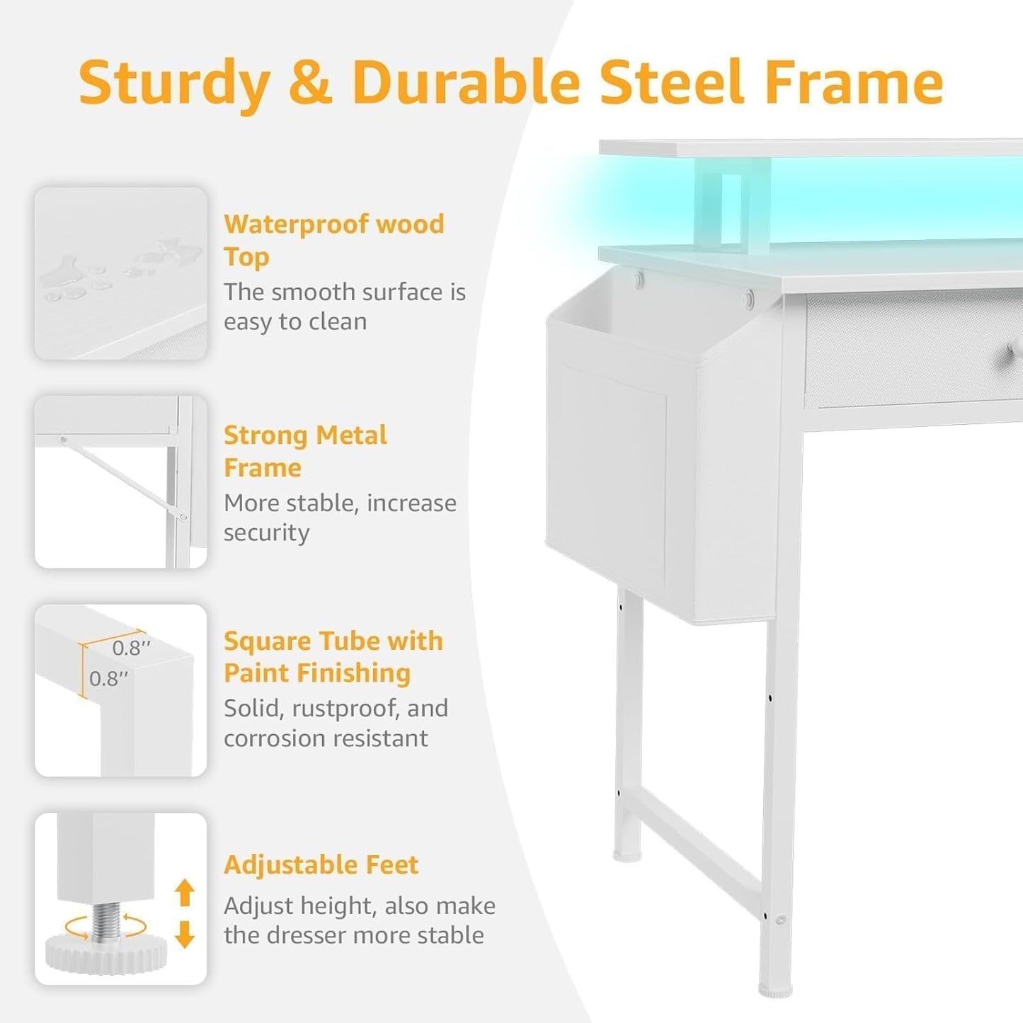 White Computer Desk with Shelves and Drawers - 47 Inch Home Office Desk with Drawers and Shelves, Small White Desk with Shelves, Computer Desk with Monitor Stand, RGB Gaming Desk with Power Outlet