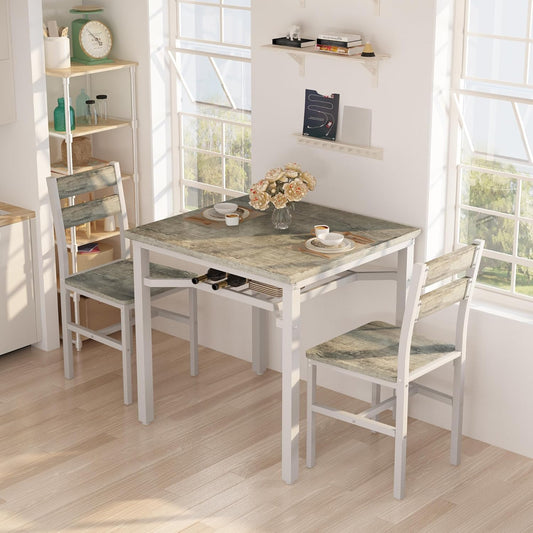 3 Piece Dining Table Set for 2, Small Wooden Kitchen Table with Storage, Farmhouse Square Dinette Set for Dining Room, Breakfast Nook, Apartment, Small Space