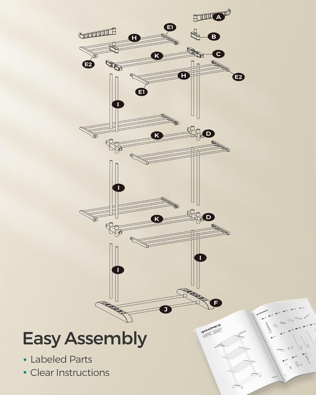 Clothes Drying Rack Stand 4-Tier, Foldable Laundry Drying Rack 68.1-Inch Tall, Steel, Rolling Clothes Horses Dryer Rack, Easy to Assemble, Indoor Outdoor Use, White ULLR701W01