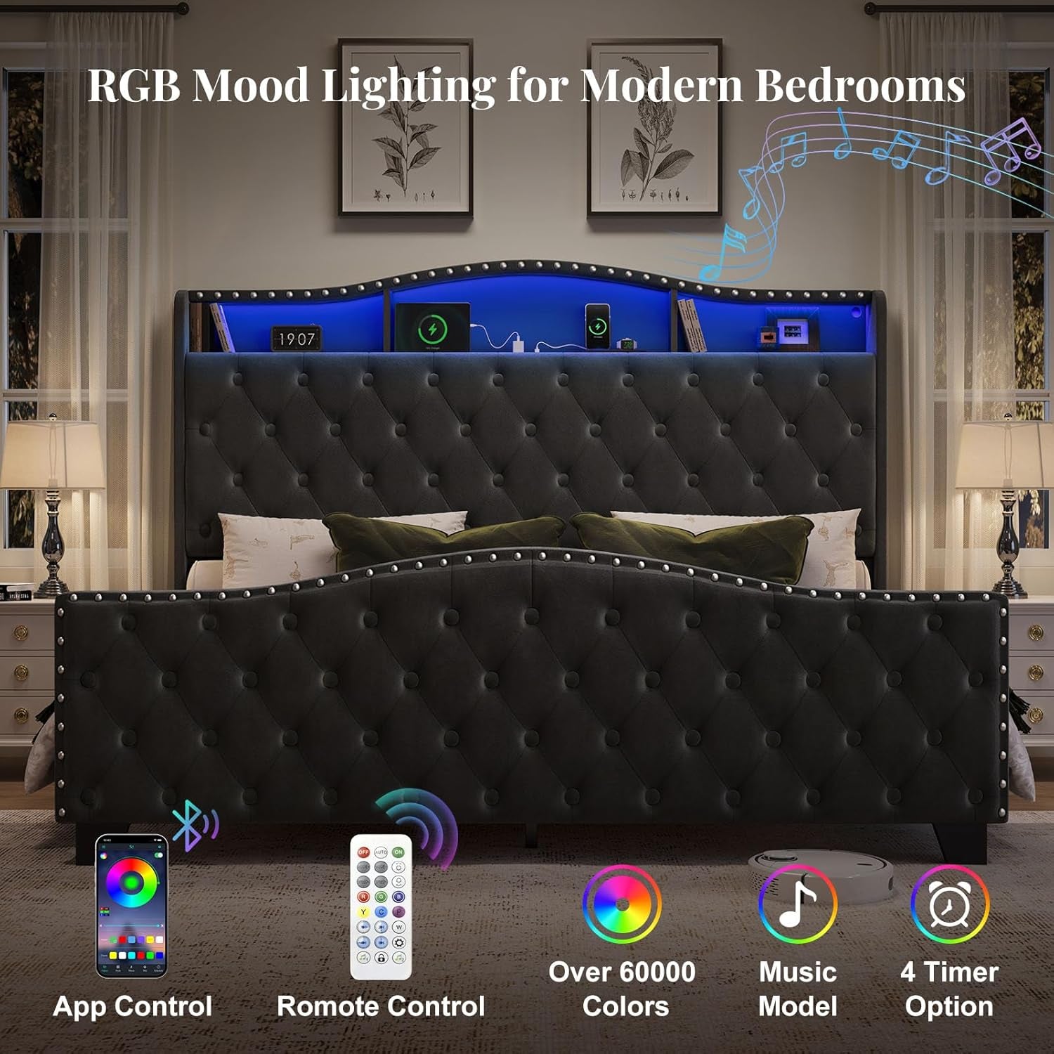 King Size Bed Frame and Headboard, 50.9" Velvet Upholstered Wingback Bedframe with LED Lights & Storage/Charging Station, Button Tufted Tall Footboard, No Box Spring Needed, Noise-Free, Black