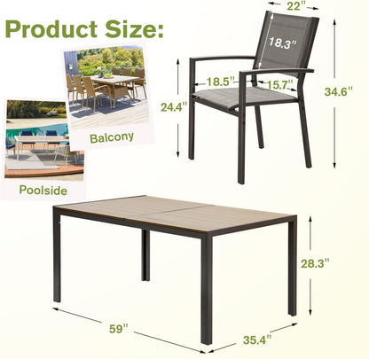 Patio Dining Set 7 Pieces Outdoor Furniture with Large Table and 6 Textilene Chairs for Porch, Poolside, Yard and Garden, Light Grey