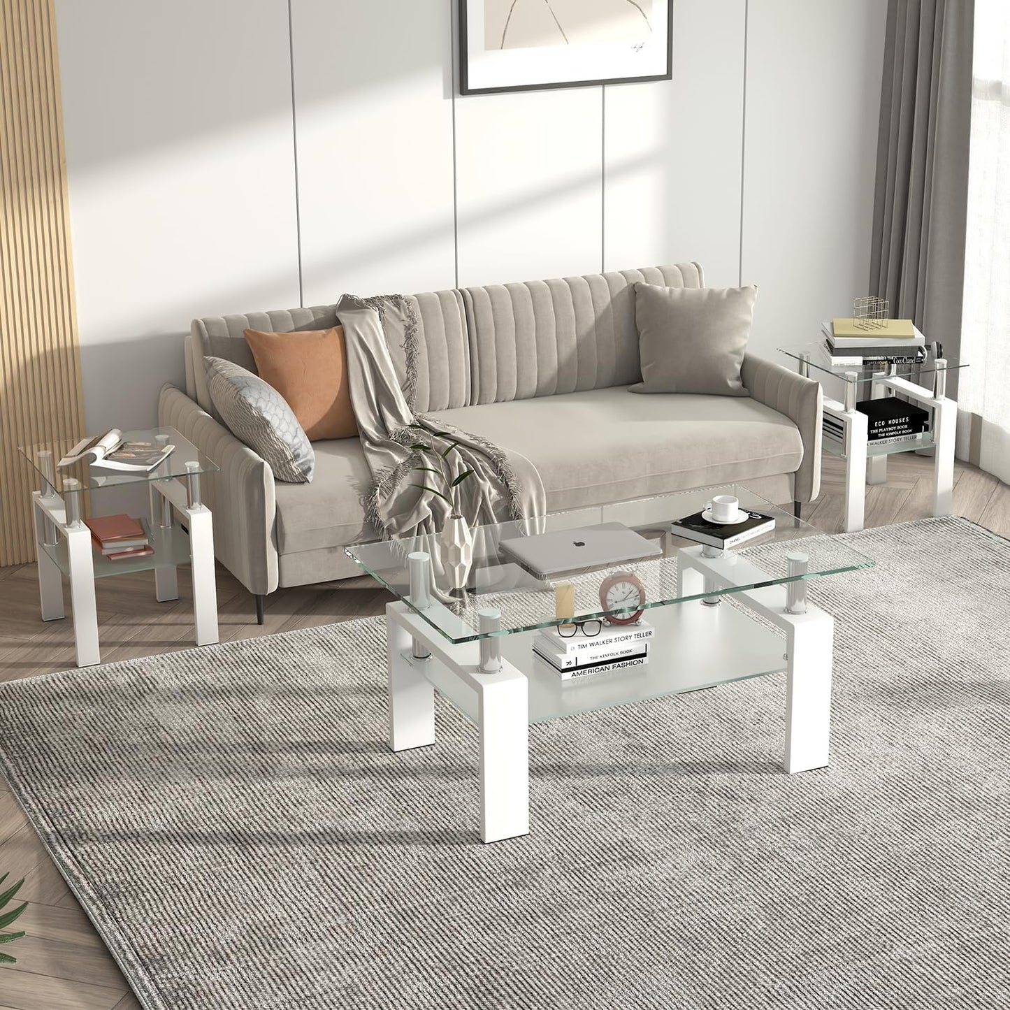 Glass Coffee Table and End Table Set of 3, Modern Living Room Table Set with Tempered Glass & Metal Frame, Double-Layer Side Tables (Clear Glass + White Leg, Set of 3)