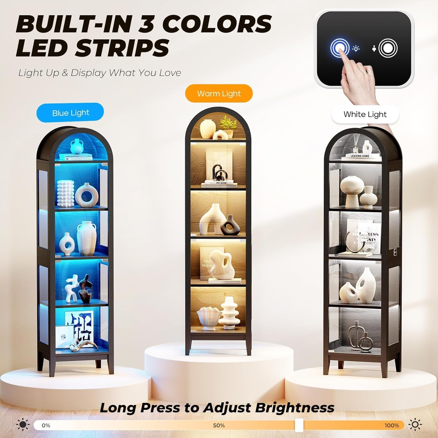 71" Tall Arched Display Cabinet with Glass Doors, Curio Cabinet with LED Lights for Collectibles, Books, 5-Tier Showcase Glass Display Case with Human Body Sensor for Living Room, Black