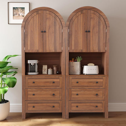 71" Tall Arched Kitchen Pantry Cabinet with Microwave Shelf,Modern Farmhouse Hutch Cabinet with Drawers & Door,Arched Storage Sideboard Cabinets (Walnut, 13.78" D X 27.56" W X 70.87" H)