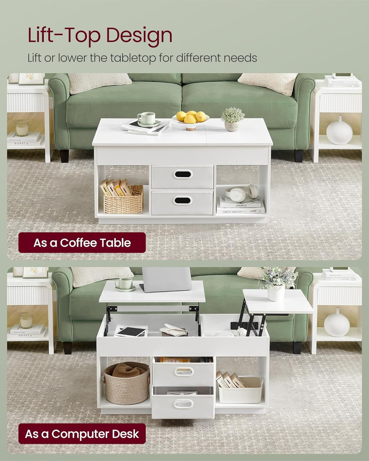 Coffee Table, Lift Top Coffee Table with 2 Drawers and Hidden Compartments, Center Table with Lift Tabletop, Open Compartments, for Living Room, Home Office, Snow White ULCT210W01