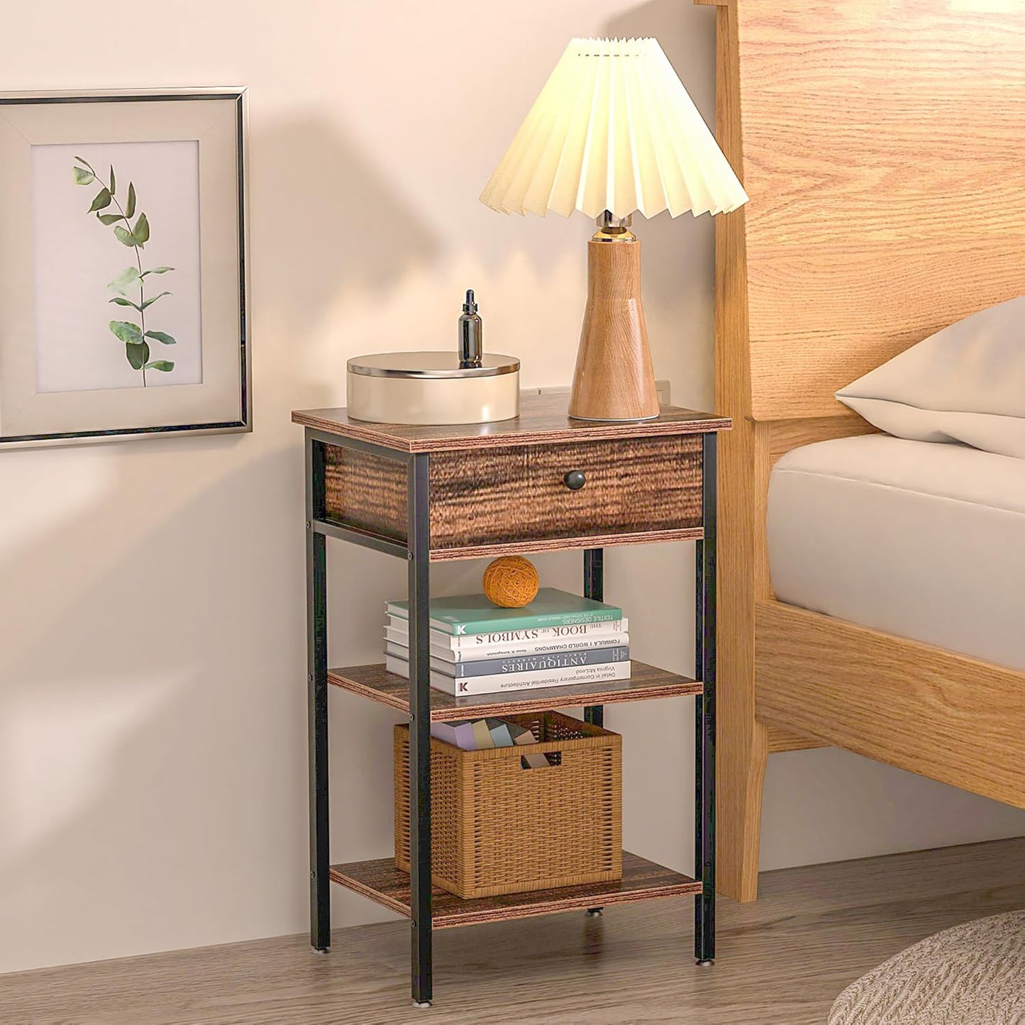 Tall End Side Table,Nightstand with Adjustable Shelf and Bin Drawer for Living Room/Bedroom/Entryway Small Spaces