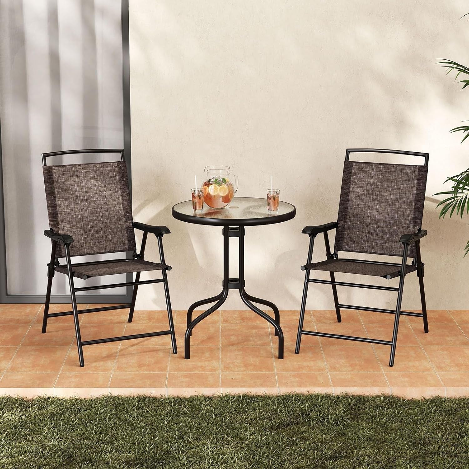 Bistro Table and Chairs Set of 2, Outdoor 3 Piece Patio Bistro Set with 1.57” Umbrella Hole, Tempered Glass Tabletop, 2 Folding Chairs, Small Patio Furniture Dining Set for Garden, Balcony