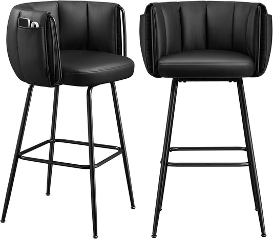 360° Swivel Bar Stools Set of 2, Barstools with Curved Back, Upholstered Counter Bar Stools with Footrest, Metal Tapered Legs, for Kitchen Island, Dining Room, Ink Black ULBC123B02