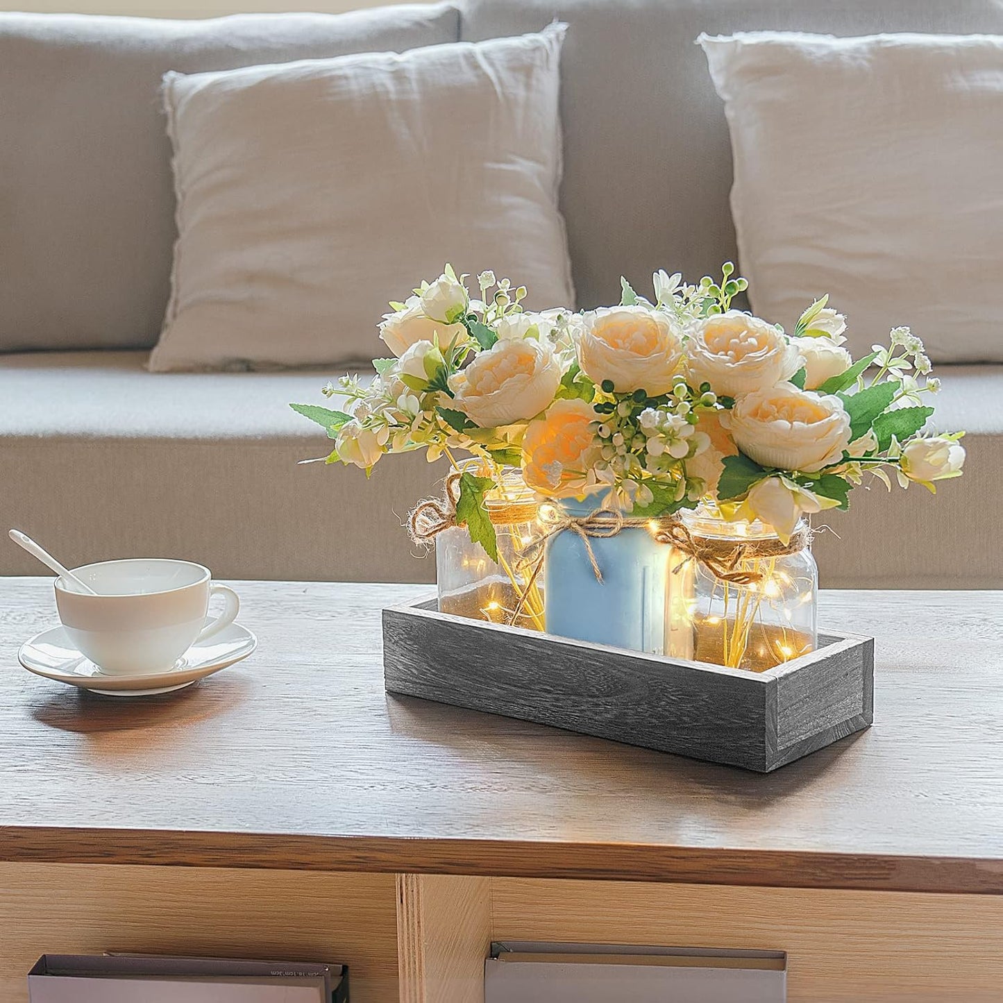Mason Jar Lights Centerpiece Table Decor for Dining Room Farmhouse Wood Tray with 3 Jars Flowers Center Pieces Spring Decor for Coffee Table Kitchen Living Room, Grey Blue