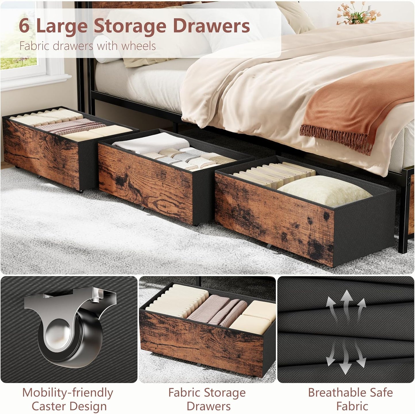 Queen Bed Frame with Headboard & 6 Drawers, Metal Platform Bed Frame Queen Size with Charging Station,Led Lights,2 Tier Shelf Storage Bedframe-No Box Spring Needed,Noise Free,Rustic Brown
