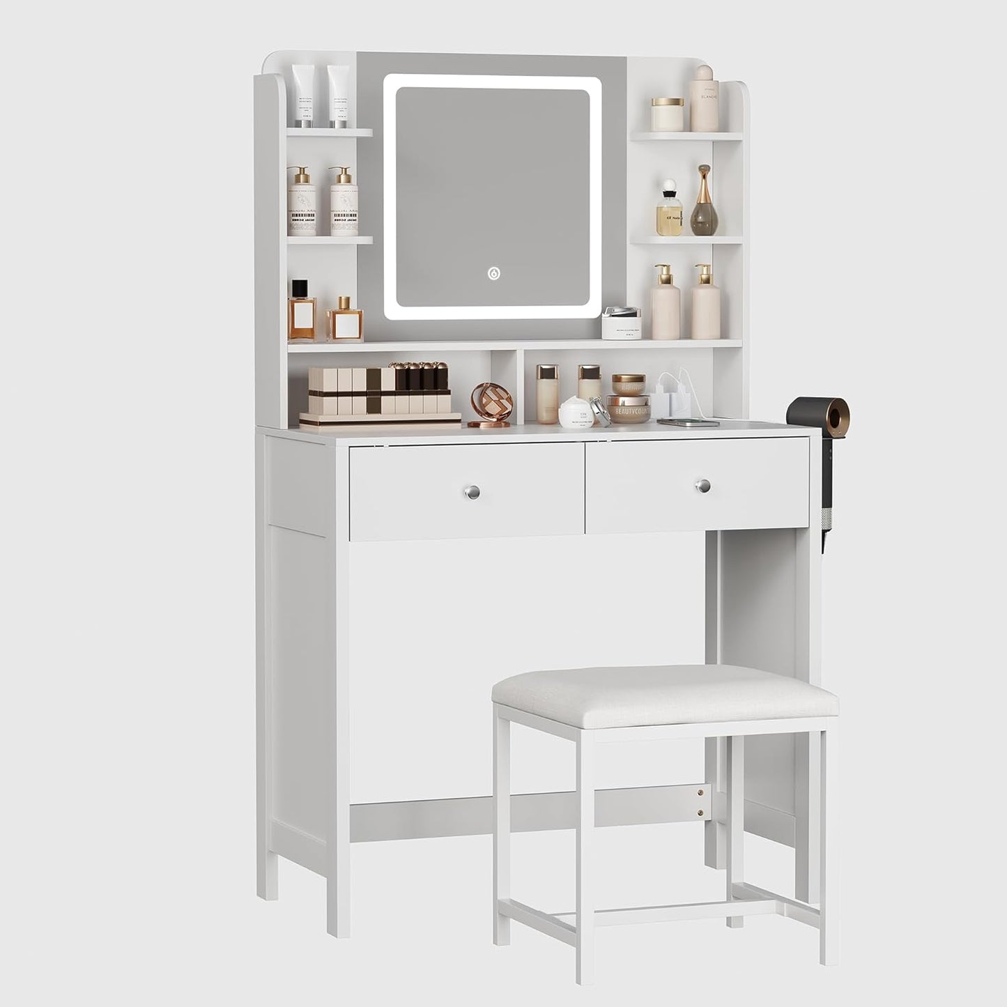 White Vanity with Lighted Mirror, 8 Shelves, 2 Drawers, Charging Station, Hair Dryer Holder & Stool, LED Mirror with 3 Light Modes