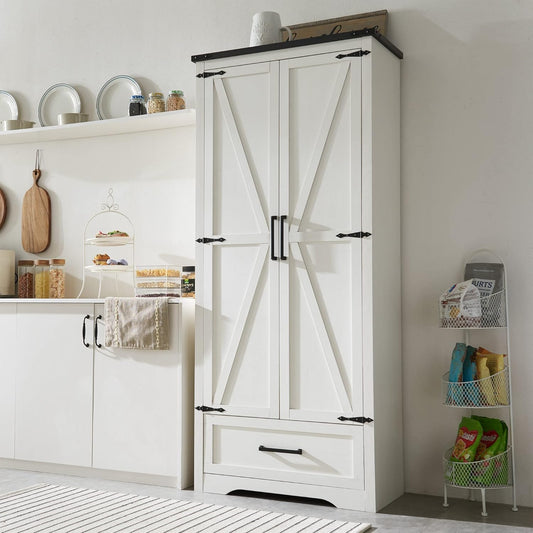 Farmhouse Kitchen Pantry Cabinet - 72" Tall Wood Kitchen Storage Cabinets with Adjustable Shelves & 2 Barn Style Doors & Drawer, Versatile Storage for Dining Room, Bathroom, Antique White
