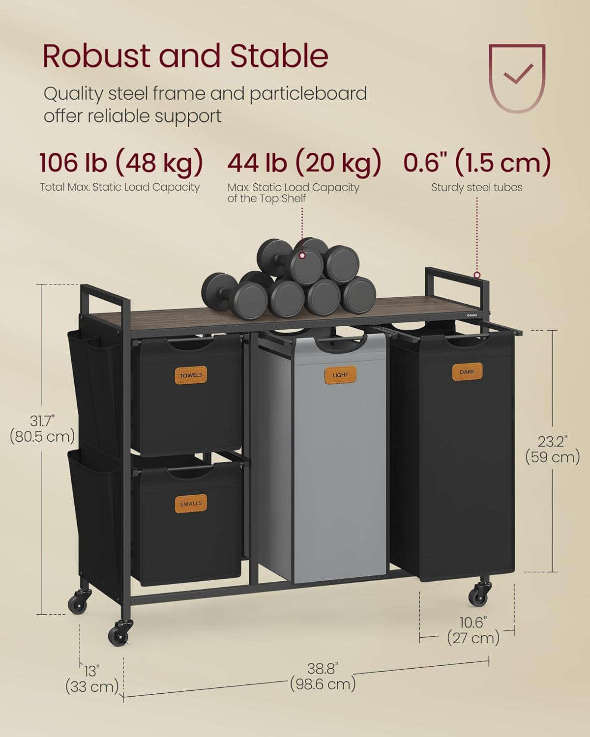 Laundry Hamper with 3 Compartments, 26.4 Gal. (100 L) Laundry Sorter, Rolling Laundry Cart with Shelves, Small Side Pockets, 6 Labels, Chestnut Brown, Ink Black and Dove Gray UBLH202B01