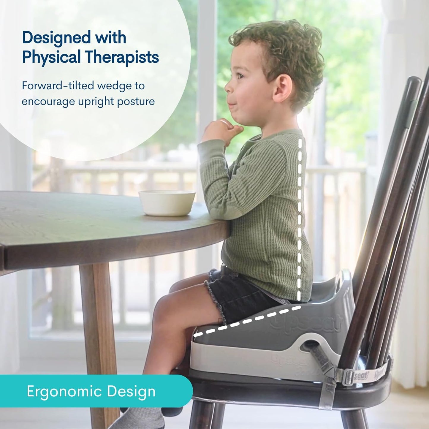 Boost Ergonomic Toddler Booster Seat for Dining Table, Developed with Physical Therapists to Encourage Posture, 3-Point Harness, Easy to Wipe Clean, and Lightweight Gray