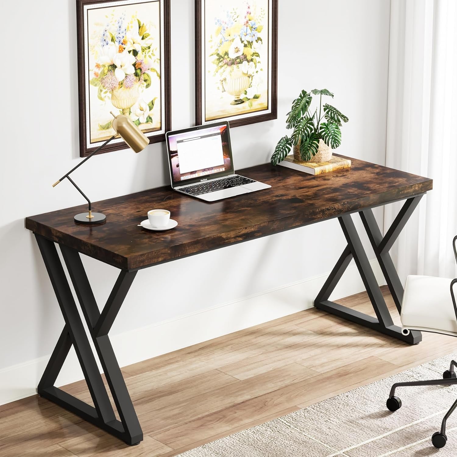 Writing Computer Desk, 55 Inch Heavy Duty Study Desk with Z-Shaped Metal Leg, Modern Simple Home Office Computer Desk, Rustic Brown
