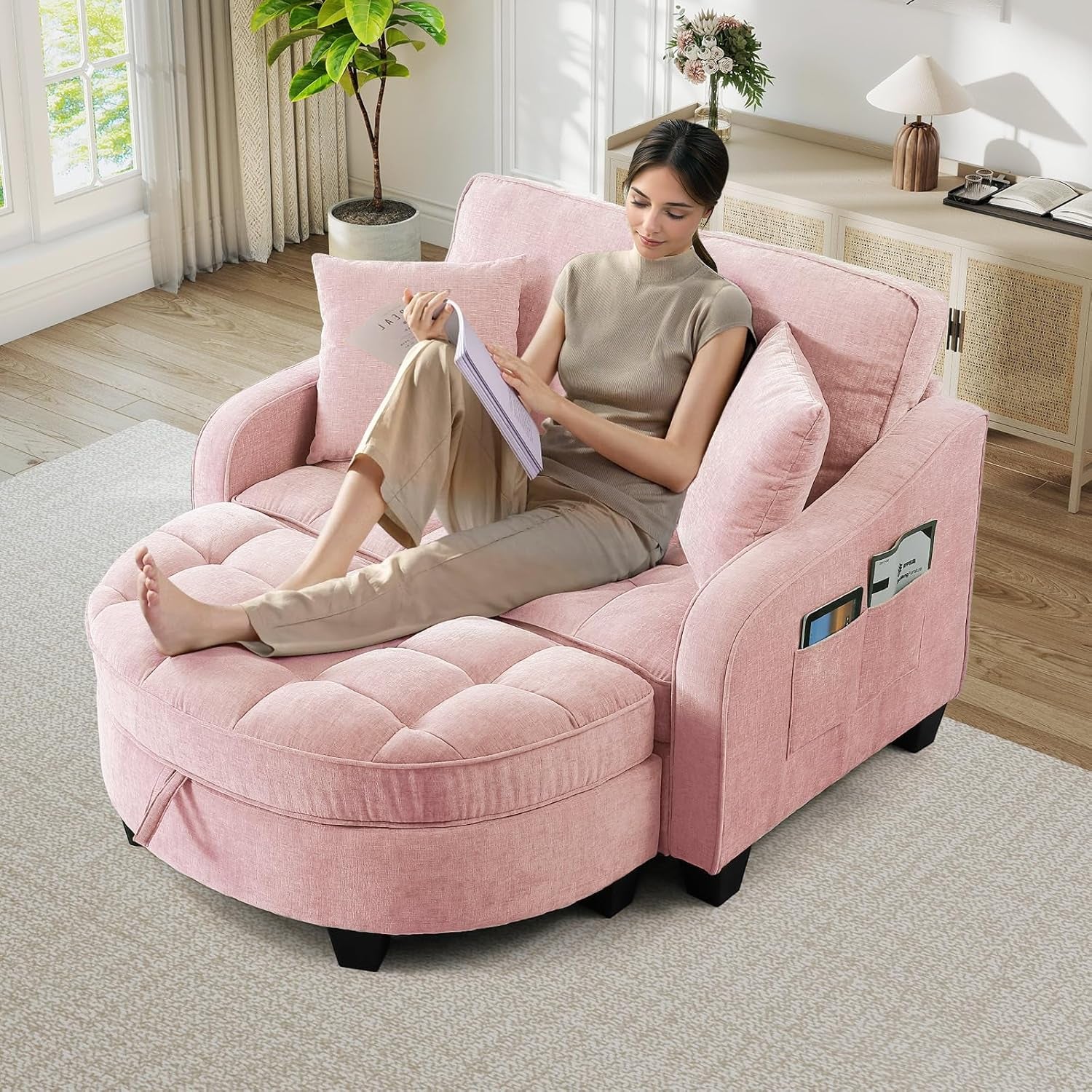 Chaise Lounge Chair Indoor, Chenille Oversized Sofa Chair with Storage Ottoman & Adjustable Backrest, Fluffy Loveseat Sofa, Comfy Convertible Sleeper Couch Bed for Living Room, Bedroom(Pink)