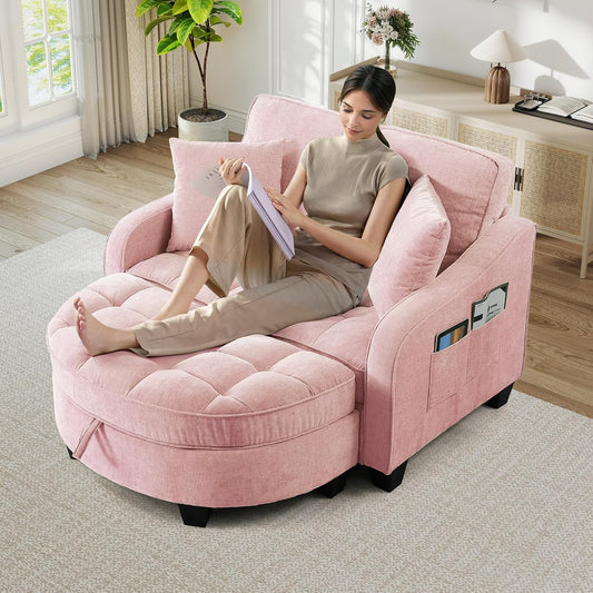 Chaise Lounge Chair Indoor, Chenille Oversized Sofa Chair with Storage Ottoman & Adjustable Backrest, Fluffy Loveseat Sofa, Comfy Convertible Sleeper Couch Bed for Living Room, Bedroom(Pink)