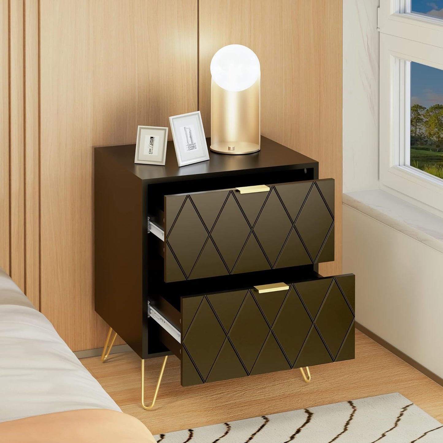 3 Pcs Bedroom Set, 6 Drawer Dresser and 2 Nightstand Sets for Bedroom, Night Stand Set of 2 & 6 Drawer Dresser with Gold Handle, Modern Set (Black)