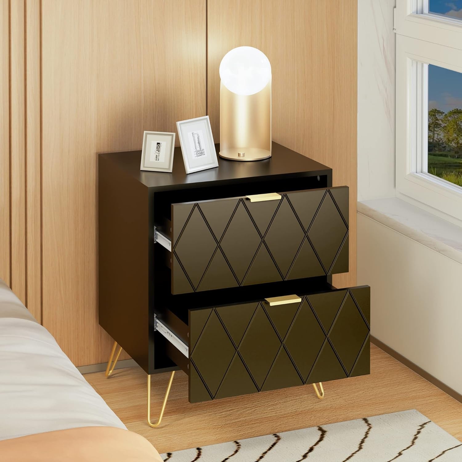 3 Pcs Bedroom Set, 6 Drawer Dresser and 2 Nightstand Sets for Bedroom, Night Stand Set of 2 & 6 Drawer Dresser with Gold Handle, Modern Set (Black)