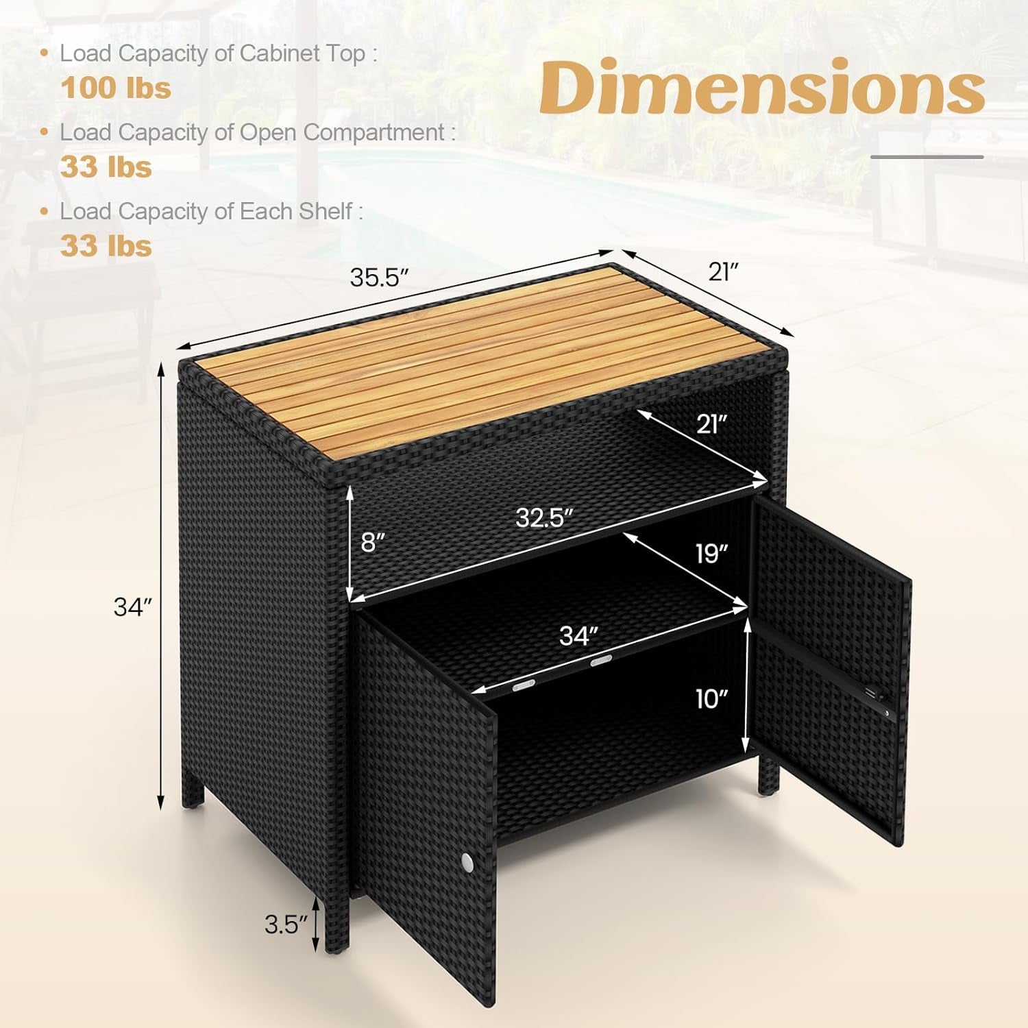Wicker Outdoor Bar Cabinet - PE Rattan Patio Bar Table W/Acacia Wood Countertop, Open Shelf & 2 Doors, Buffet Sideboard Organizer for Garden Backyard Pool, outside Storage Cabinet (Black)