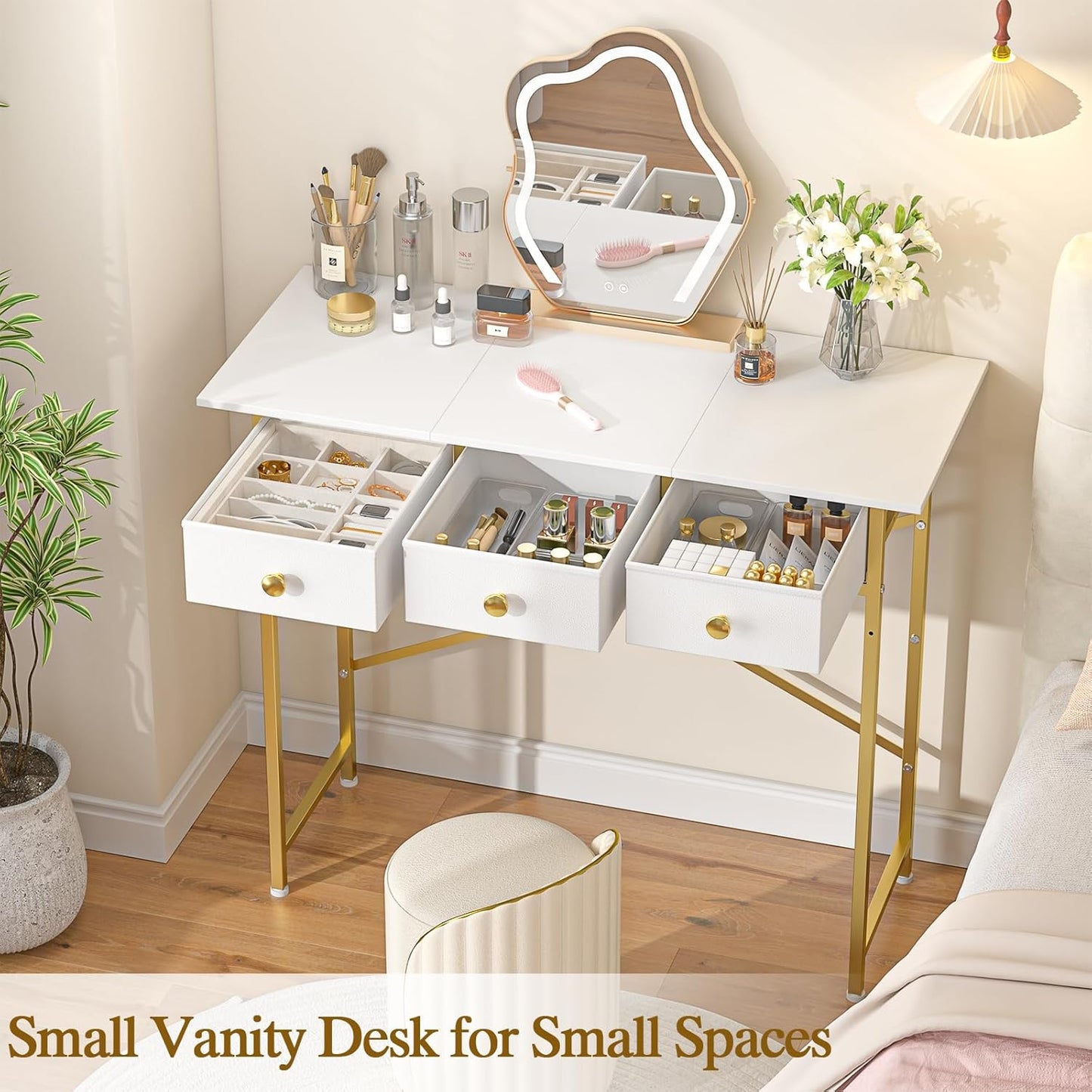 Small Makeup Vanity Desk No Mirror, 37.2 Inch Vanity Desk with 3 Drawers, Girls Vanity Dressing Table for Bedroom, Small Vanity for Small Spaces, White and Gold