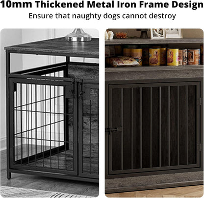 43.3" Corner Dog Crate with 2-Tier Shelves, Wooden Dog Kennel Furniture for TV Stand, Dog Cage Indoor for Small and Medium Dogs, Gray (23.6" L X 43.3" W X 32" H)