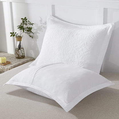 100% Cotton Quilted Pillow Sham Floral Printed Pillow Cover King Size, Set of 2, White