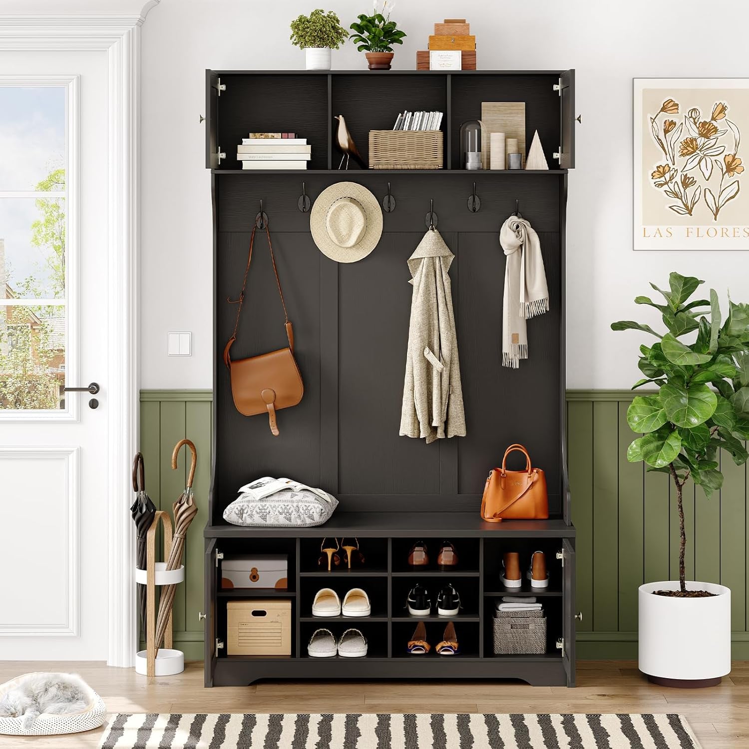 78.7" Hall Tree with Bench and Shoe Storage, Entryway Bench with Coat Rack, 10 Shoe Cubbies with Adjustable Shelves & 7 Coat Hooks for Hallway, Entryway, Black