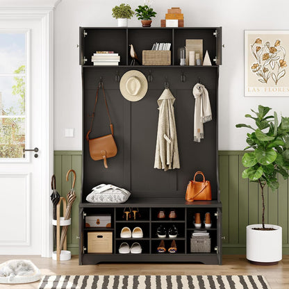 78.7" Hall Tree with Bench and Shoe Storage, Entryway Bench with Coat Rack, 10 Shoe Cubbies with Adjustable Shelves & 7 Coat Hooks for Hallway, Entryway, Black