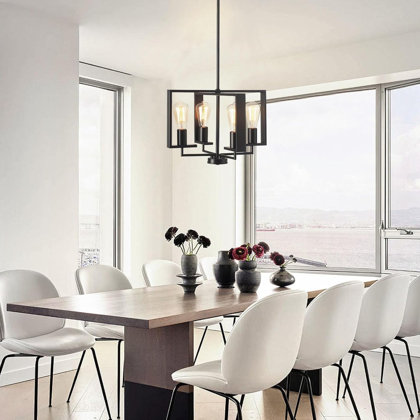 Modern Chandeliers for Dining Room, Black Farmhouse Chandelier, 4 Lights Industrial Pendant Light Fixture Adjustable Hanging Lights for Living Room Entryway Kitchen (Black, 16.14"【4 Lights】)