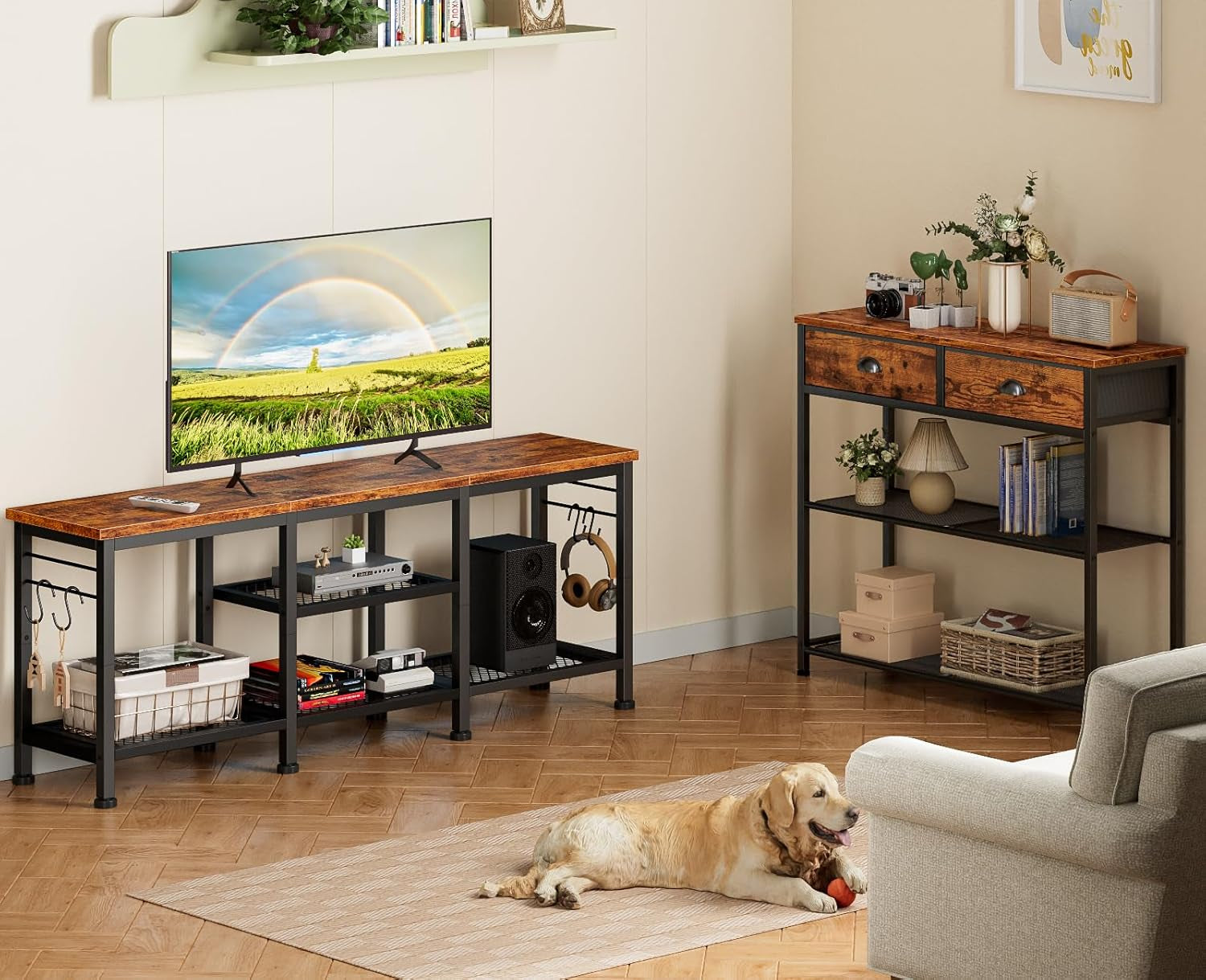 TV Stand for Tvs up to 55 Inch, Entertainment Center with Open Storage Shelves, Media Console Table with Soundbar Shelf for Living Room, Bedroom, Rustic Brown
