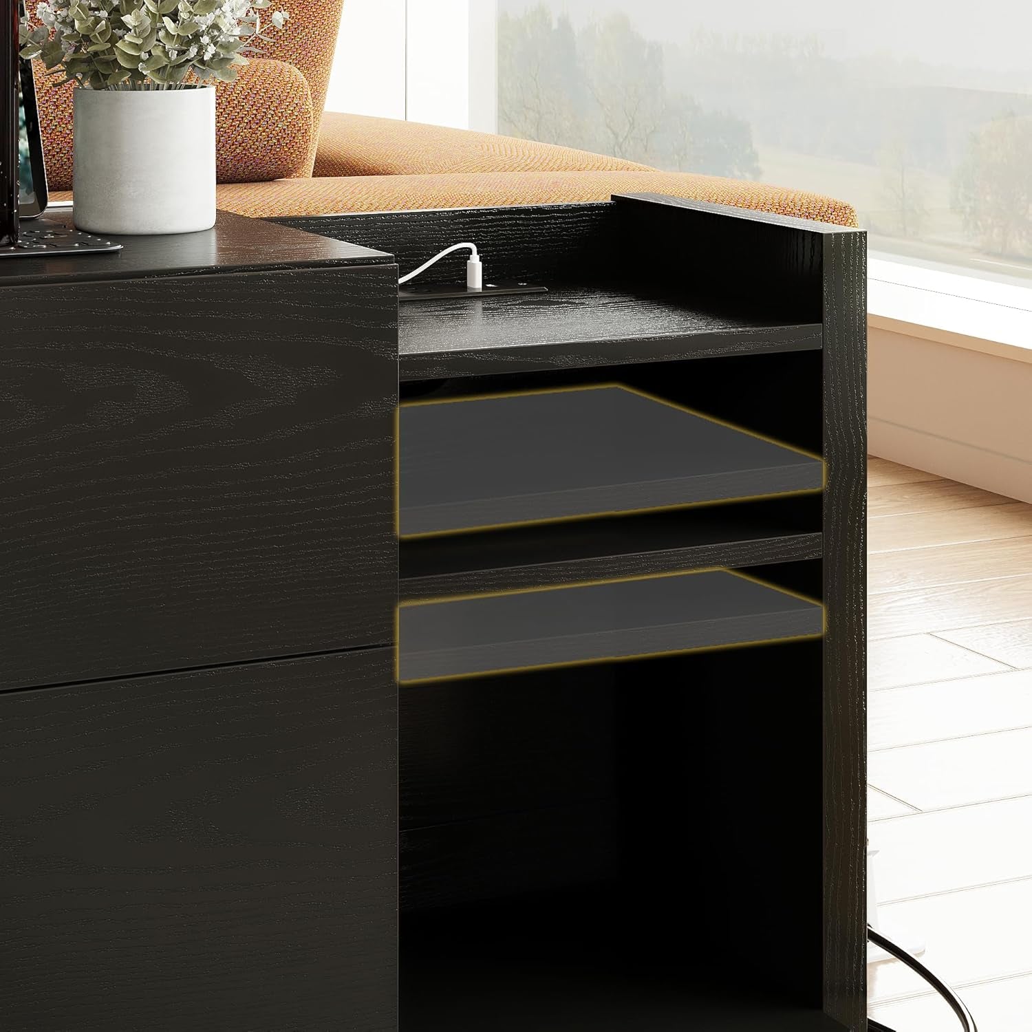Black Night Stand with Shelves, Charging Station & LED, 2 Drawer Wooden Bedside Table Record Player Stand for Bedroom, Entryway, Large