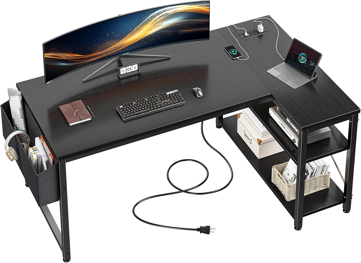 48" L Shaped Desk Office Desk with Power Outlets,Computer Desk with Reversible Storage Shelves & Side Bag,Small Gaming Desk for Gaming Working Small Space Home Office Bedroom,Black