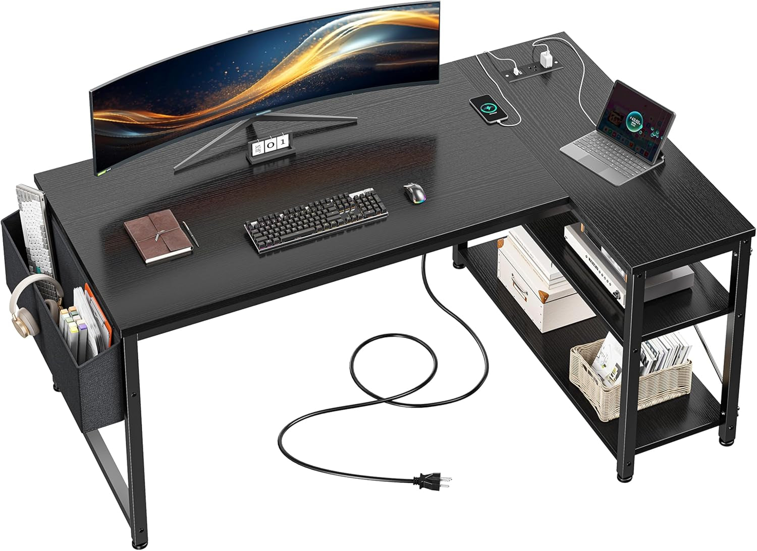 48" L Shaped Desk Office Desk with Power Outlets,Computer Desk with Reversible Storage Shelves & Side Bag,Small Gaming Desk for Gaming Working Small Space Home Office Bedroom,Black