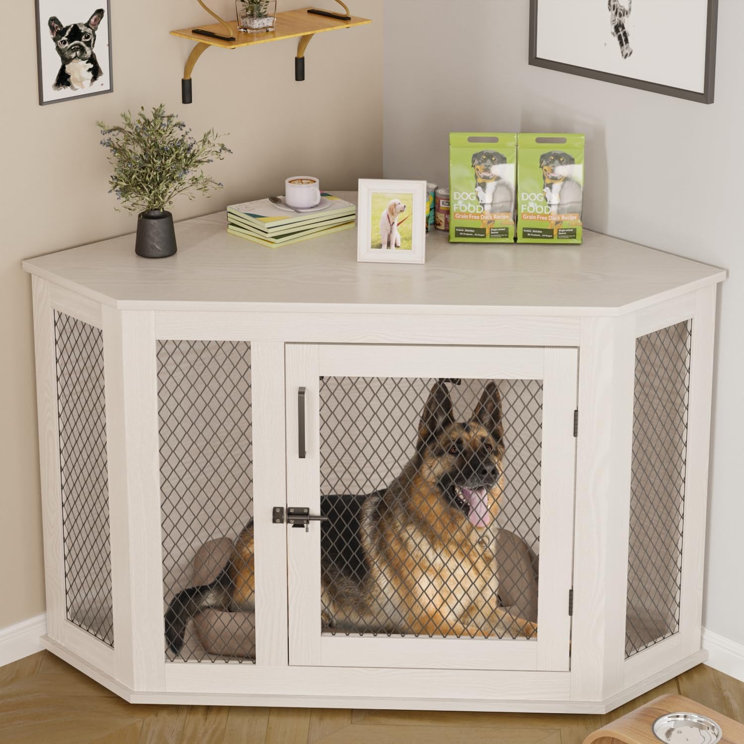 52 Inch Corner Dog Crate Furniture,Wooden Dog Kennel Furniture with Mesh,Decorative Wood Dog House for Small/Medium/Large Dog,Perfect for Indoor Limited Room