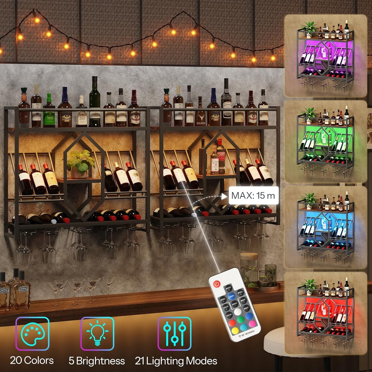 Wall Mounted Wine Rack with LED Light, 31.5" Wine Shelf, 3 Tier Wine Bottle Display Shelf with Glass Holder, Hanging Bar Liquor Storage Rack, for Kitchen, Bar, Rustic Brown and Black BF73DBJ01