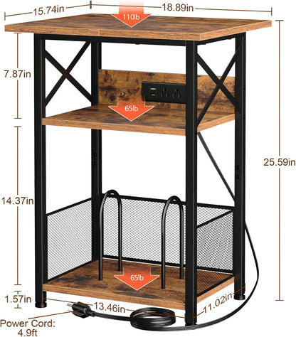 Record Player Stand with Charging Station, Large Turntable Stand with Storage Cabinet, 3 Tier End Table Hold up to 100 Albums, Record Stand for Vinyl, Living Room, Brown, HETCD012BR-1