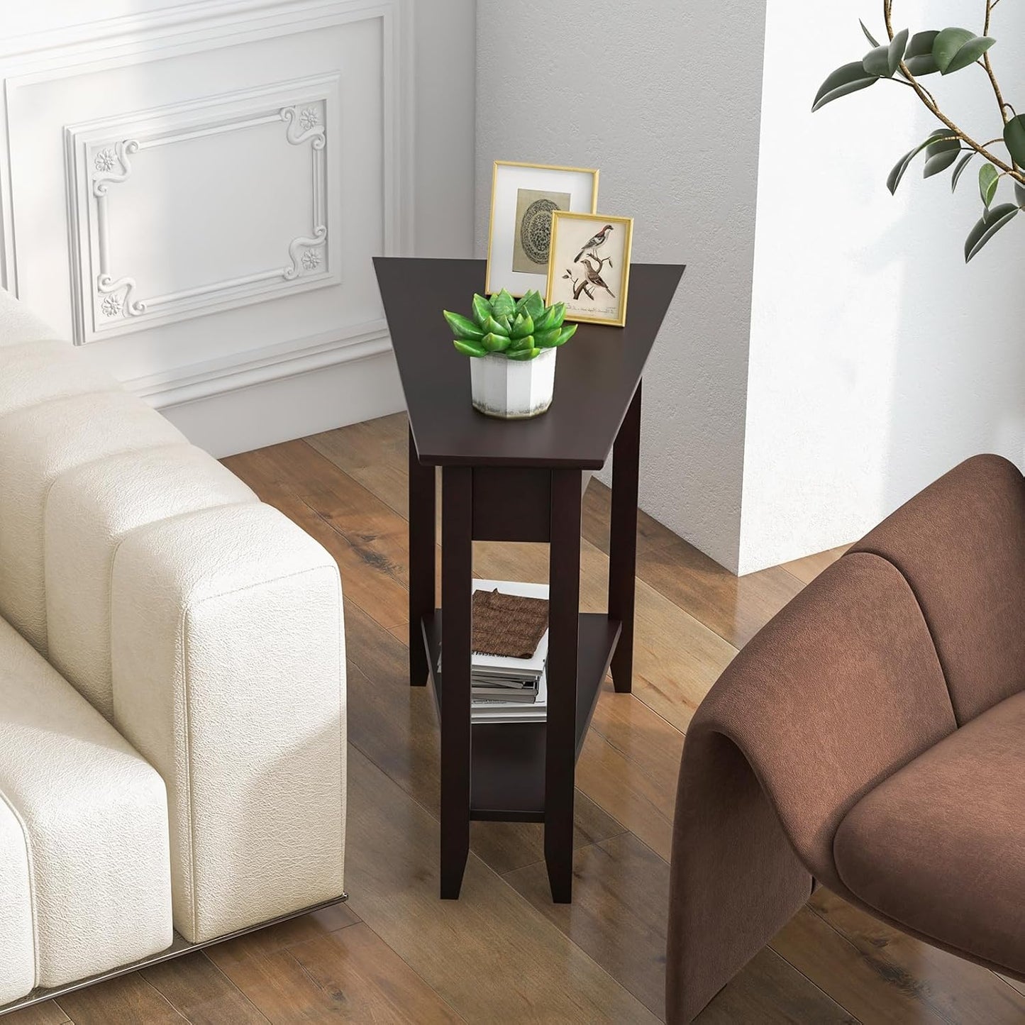 Wedge End Table, Triangle Side Table with Storage Shelf and Solid Wood Legs, Recliner Table, 24.5" Tall Nightstand, Modern Narrow Accent Table for Small Space Living Room, Espresso