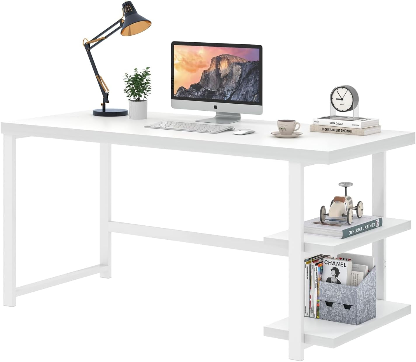 White Computer Desk, Modern Home Office Desk with Storage Shelf, Wood and Metal Writing Study Table for Living Room Bedroom, 53 Inch