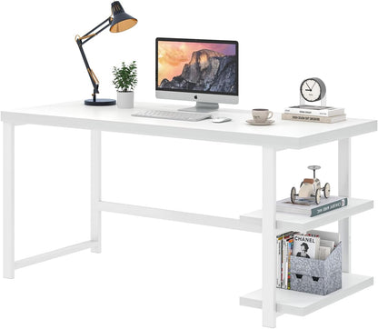 White Computer Desk, Modern Home Office Desk with Storage Shelf, Wood and Metal Writing Study Table for Living Room Bedroom, 53 Inch