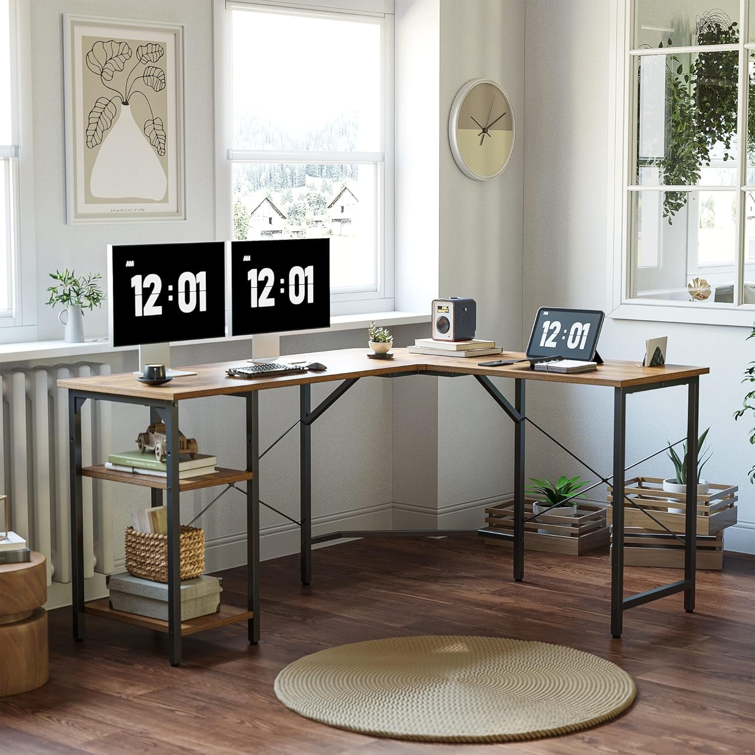 L Shaped Desk, 59.1 Inch Reversible Corner Desk with Storage Shelves, Home Office Desk for Writing Gaming Study, Rustic Brown