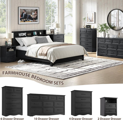Black Dresser for Bedroom, Modern 6 Chest of Drawers, 44" Tall Chest of Drawers W/Brushed Metal Handle, Wood Closet Organizers and Storage Cabinet for Bedroom, Living Room, Hallway