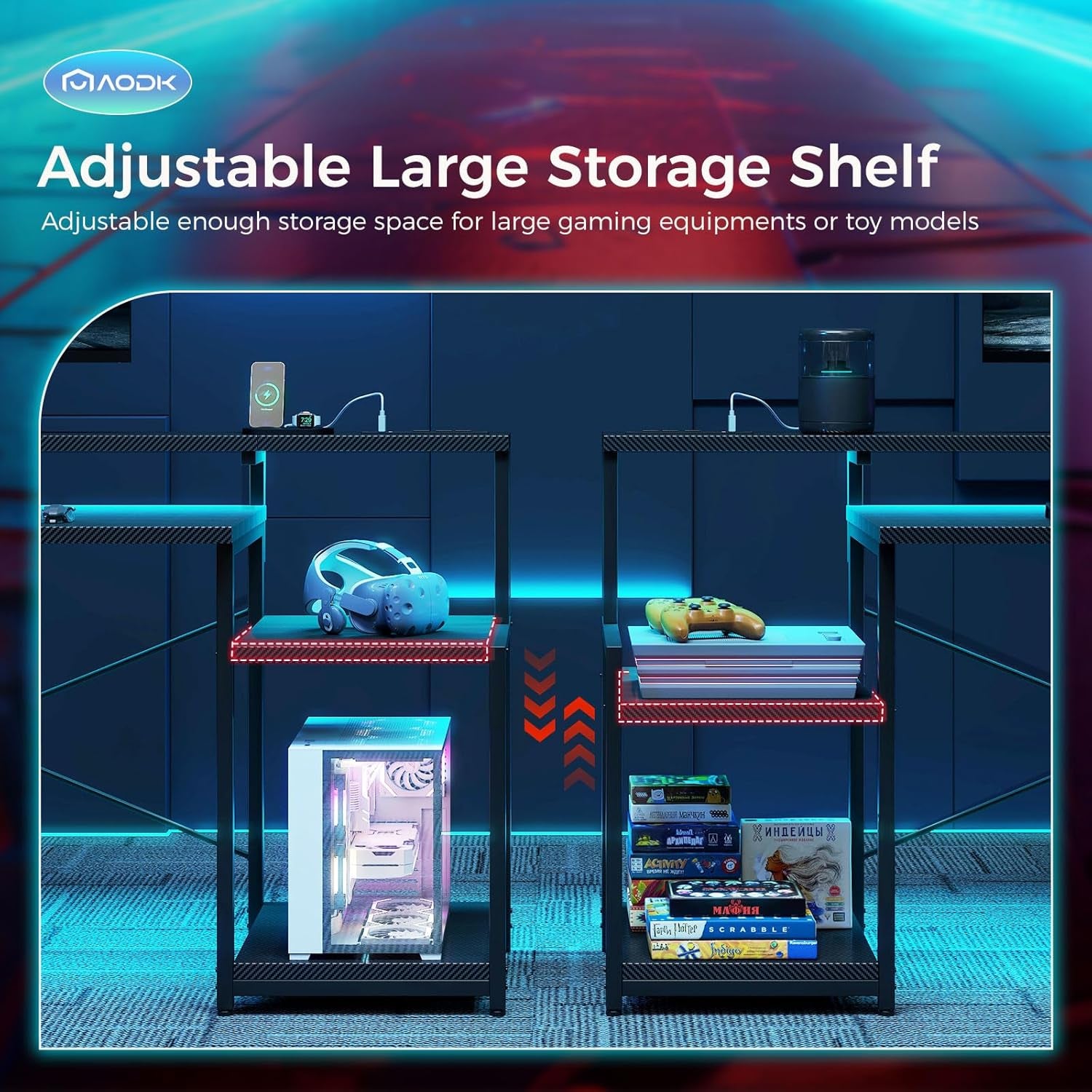 Computer Desk, 48 Inch Gaming Desk with Led Lights & Power Outlet, Office Desk with Storage Shelves, Reversible Desk with Monitor Shelf & Headphone Hook, Carbon Fiber Black