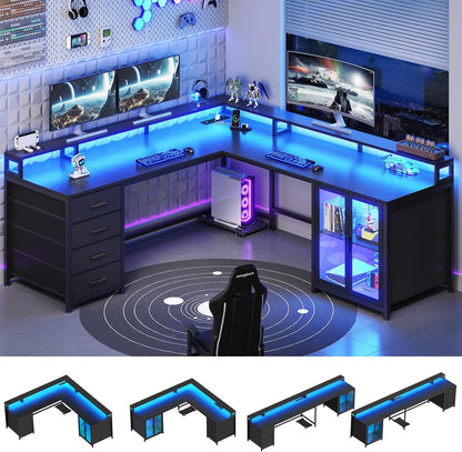 L Shaped Gaming Desk with 4 Drawers, 109” Computer Desk with Display Cabinet, Home Office Desks with 2 Monitor Stands, CPU Stand, LED Lights and Power Outlet, Black