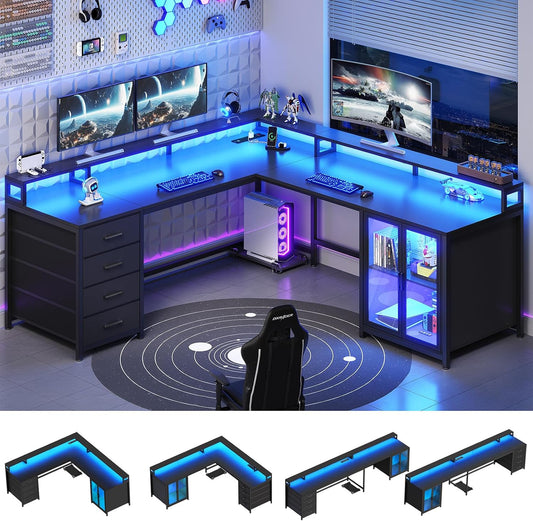 L Shaped Gaming Desk with 4 Drawers, 109” Computer Desk with Display Cabinet, Home Office Desks with 2 Monitor Stands, CPU Stand, LED Lights and Power Outlet, Black