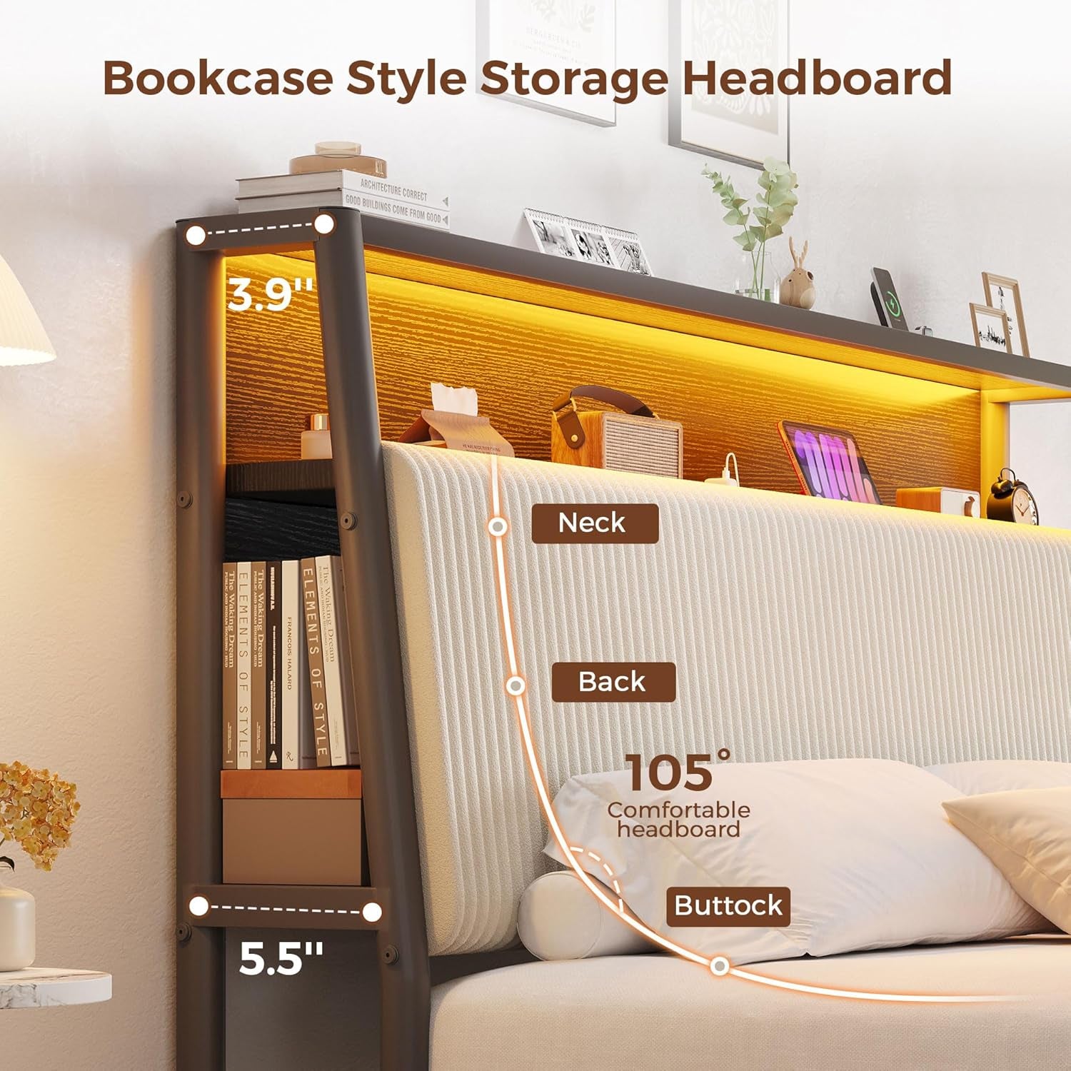 Upholstered Queen LED Bed Frame with 2 Storage Drawers and Charging Station, Corduroy Platform Bed with 3-Tier Storage Bookcase Headboard, Heavy Duty Metal Support, No Box Spring Needed - Beige