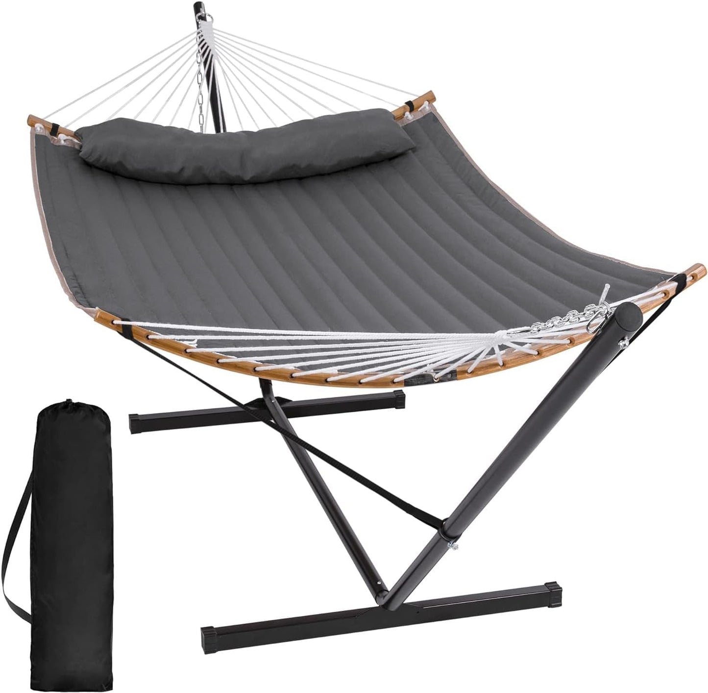 Double Portable Hammock with Stand, 2 Person Hammock with Curved Spreader Bar, Balance Ropes Included, Dark Gray