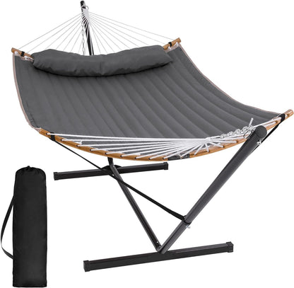 Double Portable Hammock with Stand, 2 Person Hammock with Curved Spreader Bar, Balance Ropes Included, Dark Gray